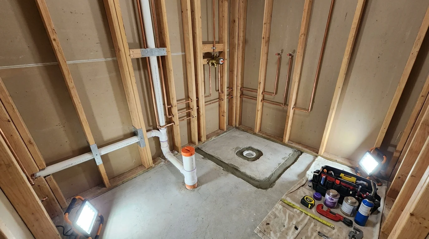 Bathroom rough-in plumbing during remodel by Johns Plumbing LLC in Bismarck