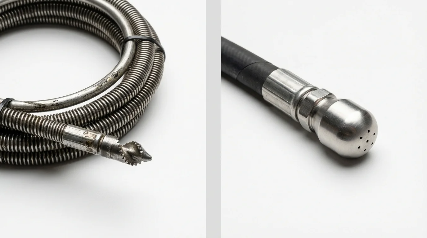 Drain snake cable and hydro jetting nozzle used for drain cleaning in Bismarck, ND