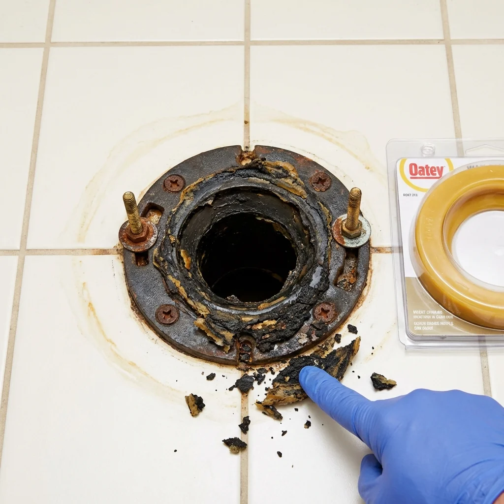 Failed wax ring showing water seepage at the base of a toilet in a Bismarck, ND home